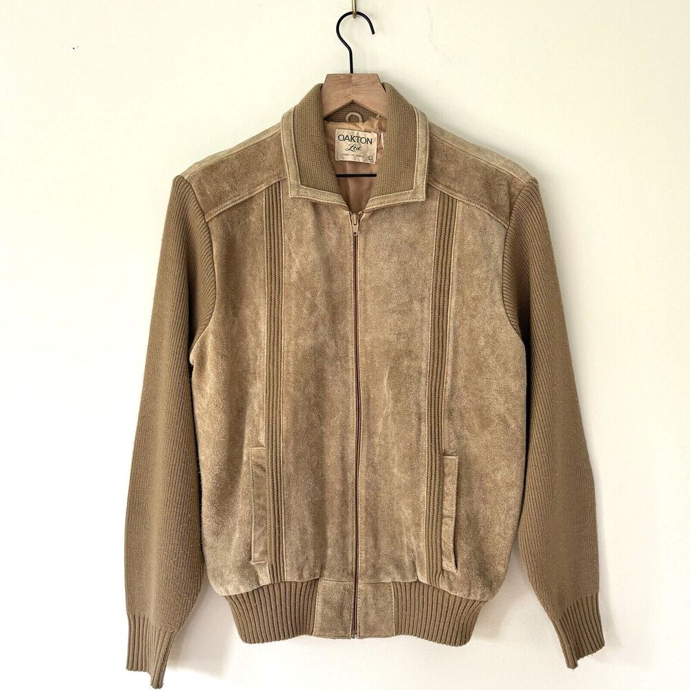 70s Oakton Ltd Bomber Sweater Jacket Leather Suede Knit Zip Retro Rockibilly Lg